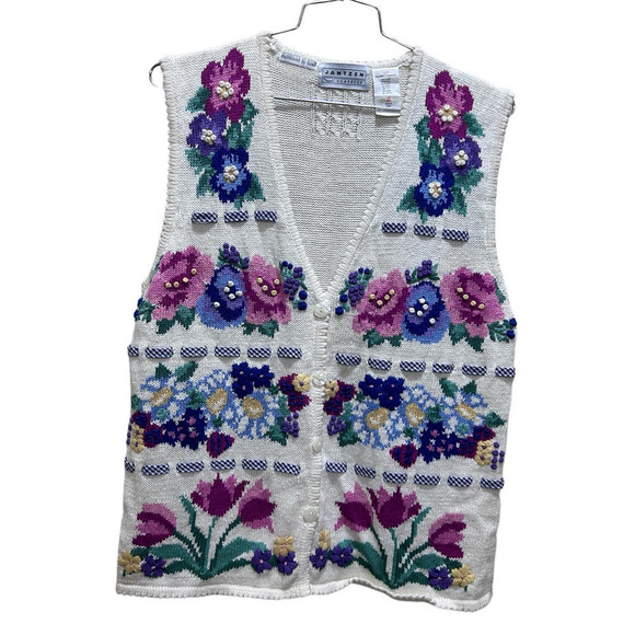 Jantzen Classics Jackets & Blazers - JANTZEN CLASSICS Embroidered By Hand Vest L Cream Button Front Prairie Cottage